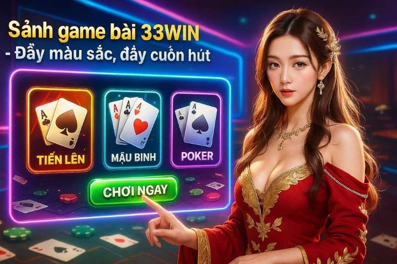 Giao diện bắt mắt của sảnh game bài 33win với hàng loạt trò chơi hấp dẫn như Tiến Lên, Mậu Binh, Poker đang chờ bạn khám phá.