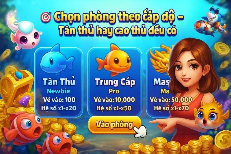 Người chơi lựa chọn phòng theo cấp độ – từ newbie đến chuyên gia tại bắn cá 33win.