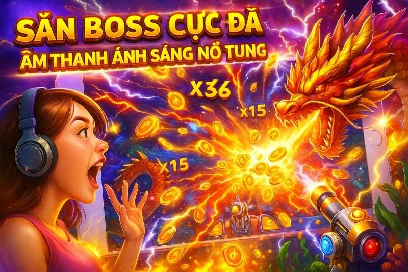 Màn săn boss siêu kích thích với hiệu ứng âm thanh, ánh sáng tại bắn cá 33win.