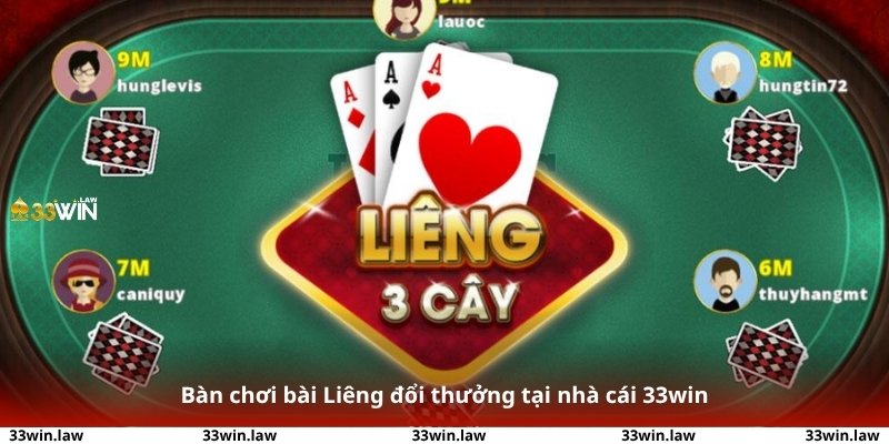 Giao diện bàn chơi bài Liêng đổi thưởng tại nhà cái 33win hiển thị rõ các nút cược, tố, úp bài và thông tin người chơi.