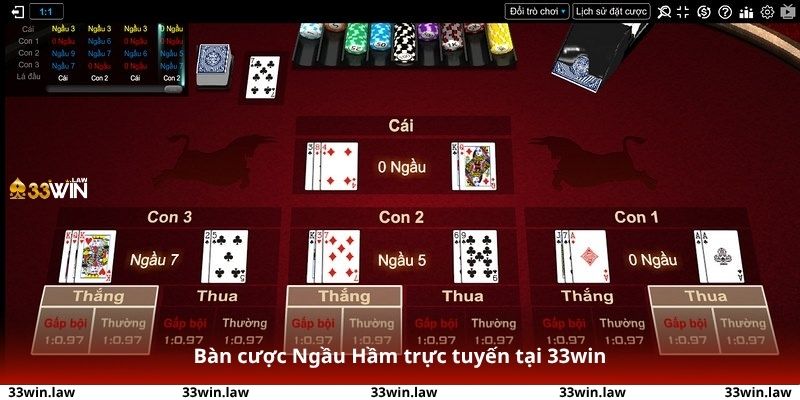 Giao diện bàn cược Ngầu Hầm trực tuyến tại 33win với các nút đặt cược, chip, bảng tỉ lệ trả thưởng và lịch sử trận đấu.