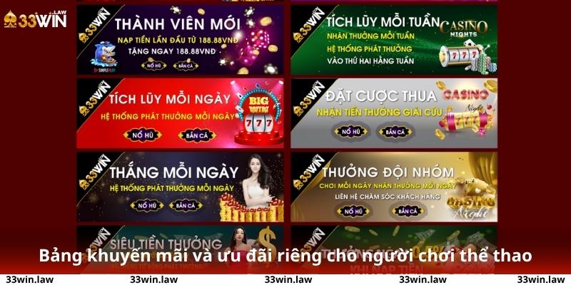Bảng khuyến mãi và ưu đãi riêng cho người chơi thể thao tại nhà cái 33win.