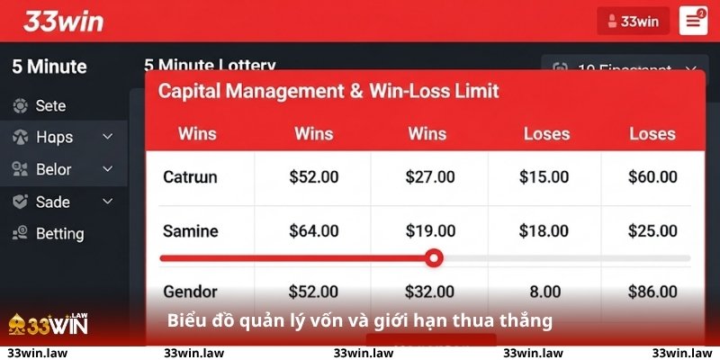 Quản lý vốn và giới hạn thua thắng trên giao diện xổ số 5 phút tại 33win - hỗ trợ người chơi kiểm soát cược hiệu quả.