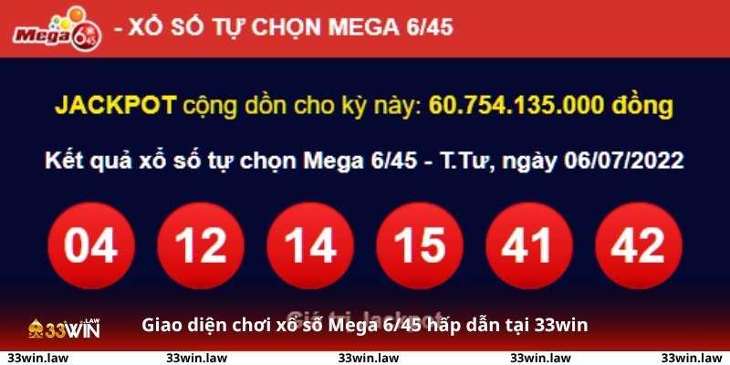 Giao diện chơi xổ số Mega 6/45 hấp dẫn tại 33win đơn giản, hiển thị rõ số đã chọn và thời gian đếm ngược kỳ quay tiếp theo.