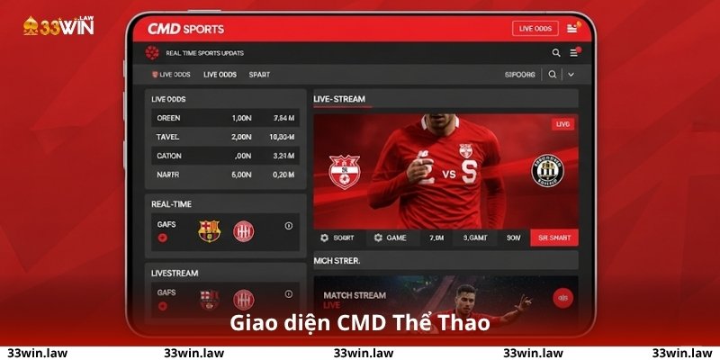 Giao diện CMD Thể Thao hiển thị tỷ lệ kèo trực tuyến và livestream trận đấu.