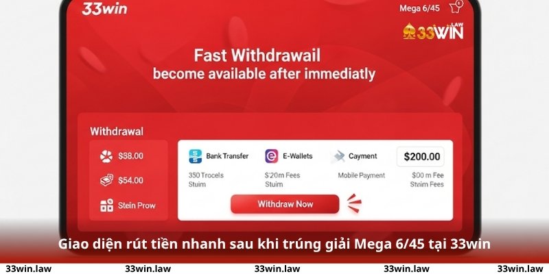 Giao diện rút tiền nhanh sau khi trúng giải Mega 6/45 tại 33win, hiển thị rõ thời gian và phương thức thanh toán.