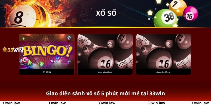 Giao diện sảnh xổ số 5 phút tại 33win với các lựa chọn cửa cược rõ ràng và bảng lịch sử kết quả theo thời gian thực.
