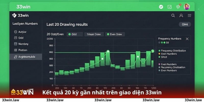 Biểu đồ thống kê kết quả 20 kỳ gần nhất trên giao diện 33win – hỗ trợ phân tích chẵn/lẻ, tần suất, số về lại.