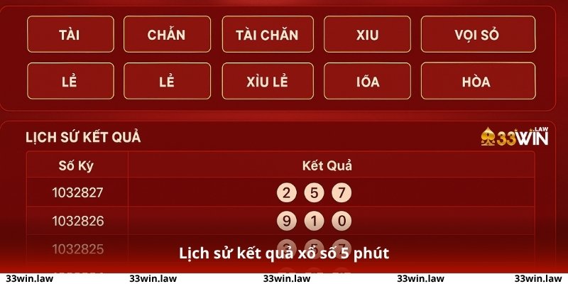 Lịch sử kết quả xổ số 5 phút hiển thị chi tiết trên nền tảng của 33win, giúp phân tích và dự đoán chính xác.