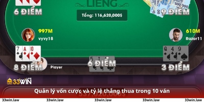 Quản lý vốn cược và tỷ lệ thắng thua trong 10 ván bài Liêng liên tiếp của một người chơi tại 33win.