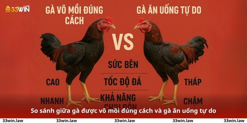 Bảng so sánh giữa gà được vô mồi đúng cách và gà ăn uống tự do - xét về sức bền, tốc độ đá và khả năng chịu đòn.