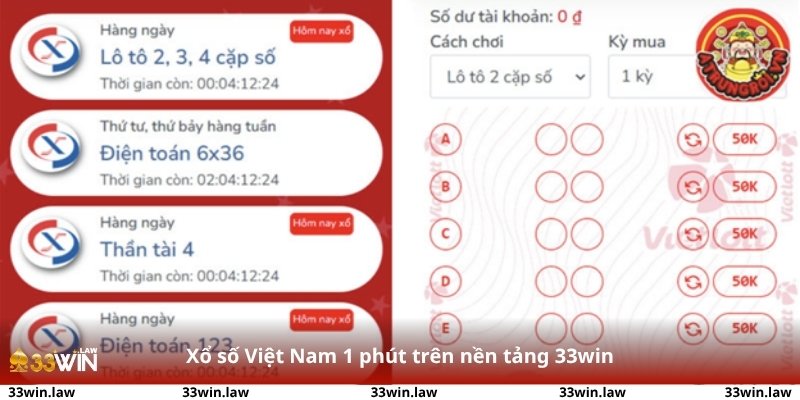Giao diện xổ số Việt Nam 1 phút trên nền tảng 33win, hiển thị thời gian, cửa cược và lịch sử kết quả đầy đủ.